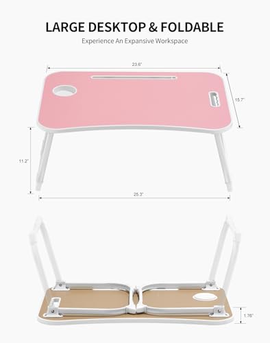 ZEAPTAC Laptop Bed Desk, Foldable Lap Desk, Portable Lap Table, Laptop Stand with Cup Holder & Tablet Slot & Lifting Handle for Working Writing Drawing & Eating - Pink - color: Pink