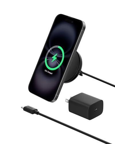 Belkin Magnetic Wireless Charging Pad Qi2 15W w/Kickstand - MagSafe-Compatible Qi2-Certified Wireless Charger for iPhone 17, Samsung Galaxy S25, AirPods, & More w/Power Supply Included - Black - style: Power Supply Included (Gen 2)
