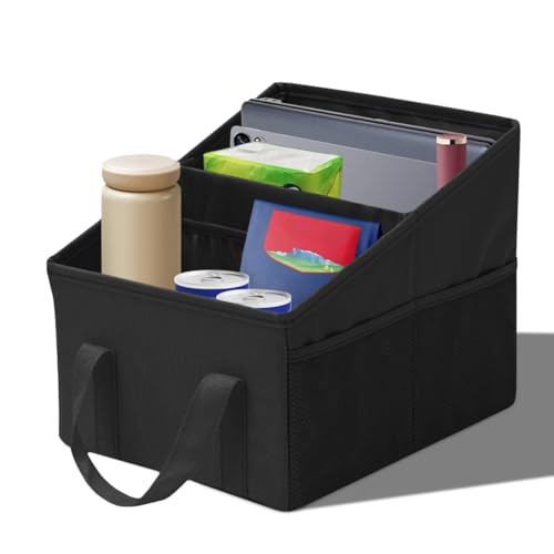 Craedli Car Seat Organizer, Collapsible Trunk Organizer Backseat Car Storage Box with 2 Compartments and Multiple Pockets, Passenger Seat Organizer with Handles for Front/Back Consoles (Black) - color: Black