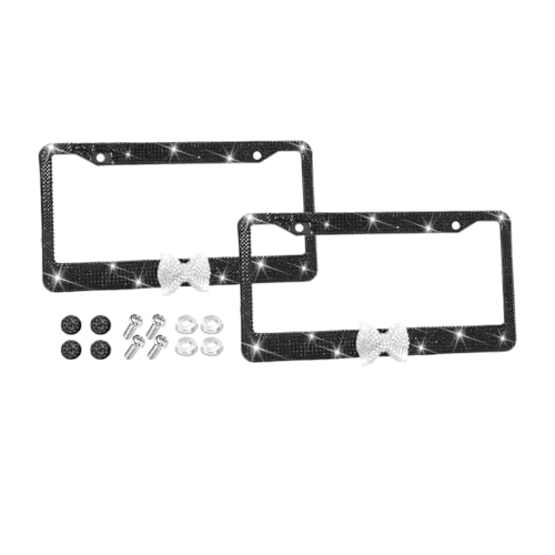 Bling Car License Plate Frame for Women, 2PCS Crystal Rhinestone Stainless Steel Vehicle Plate Holder, Glitter Diamond Sparkly Auto Plate Cover Accessories, Universal Fit (Black/White Bow) - color: Black/White Bow