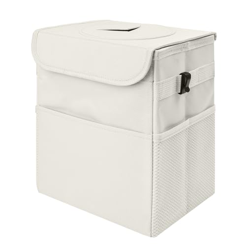 Car Trash Can Bin with Lid - Collapsible Car Garbage Can with Storage Pockets-Beige Mini Leakproof Vehicle Trash Bag-Small Automotive Organizers and Storage for Back/Front Seat SUV Truck Accessories - color: Beige