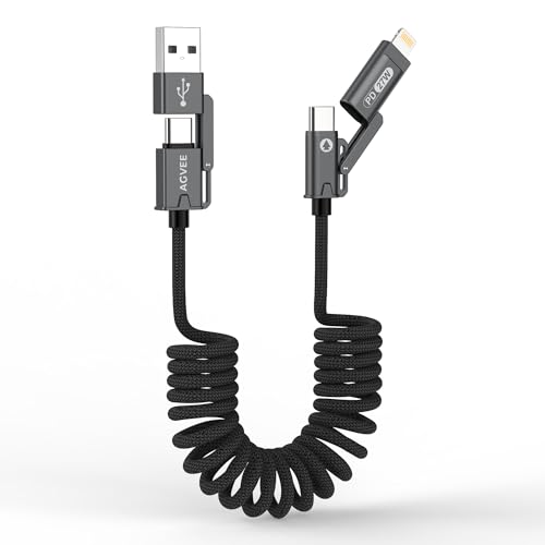 AGVEE 5ft 4-in-1 Coiled Multi USB C Charging Cable, Secure-Slide No-Loss Adapters, Slim Tips Fit Thick Cases, Lightning End Reinforced, PD 60W for iPhone Carplay, Samsung, iPad, Black - color: Black, size: 5ft, style: Braided 4 in 1