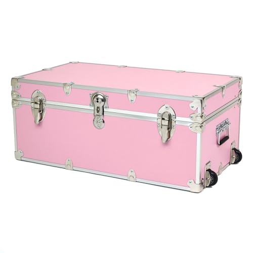 Rhino Trunk & Case Large Essential Trunk With Wheels 32”x18”x14”, 1000+ lbs Capacity - Many Colors. Strong, USA Made Summer Camp Footlocker, and Secure College Dorm Storage Chest - color: Pink