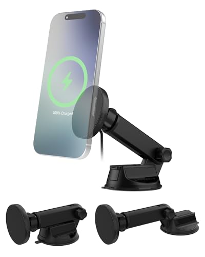 Scosche MPQTRWDA Qi2 MagSafe Car Mount Charger 25W Fast Wireless Magnetic Cell Phone Holder with Adjustable Arm for Windshield or Dashboard Compatible with iPhone 17/16/15/14/13/12 & Samsung S25 - style: Window / Dash Extendo Suction