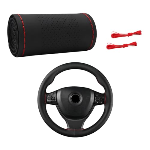 Wevdn Genuine Leather Steering Wheel Cover, Stitch on Wrap, DIY Sewing Steering Wheel Protector, 15 Inch Breathable Non-Slip Steering Wheel Protector, Car Accessories (Black & Red, Middle Hole) - color: Black/Red, size: Middle Hole