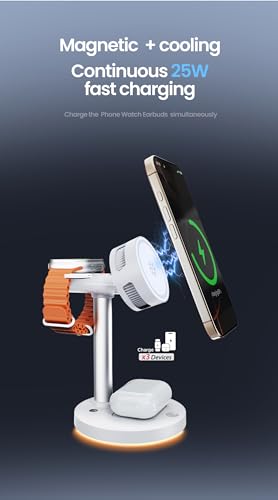 QI 2.2 Certified 25W Wireless Charger with Cooling Fan Smart Magnet Charger Stand for Apple Products, 3 in 1 Magnetic Charging Station for iPhone 17/1615/14/13/12 Series, Airpods, Apple Watch (White) - color: white