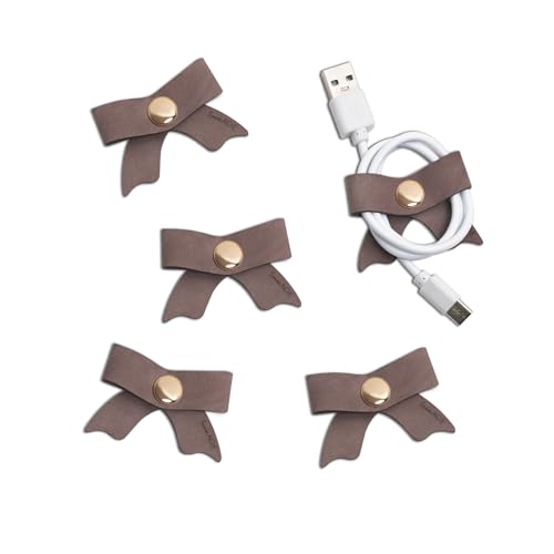 SenseAGE 5 Pack Cord Organizer, Bow Cord Keeper, Cable Organizer USB holder, Leather Cable Management, Cable Straps, Earphone winder, Storage Straps for Electronics, Earbuds (Choco Brown, Small) - color: Choco Brown, size: Small