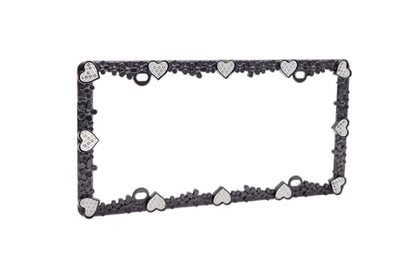 Creathome 3D Daisy Heart License Plate Frame from Pure Zinc Alloy Metal Perfect Plate Holder, Matt Black Daisy with Silver Reflective Heart - color: Matt Black with Silver Reflective Heart