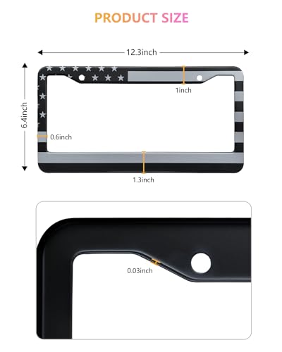 American Flag License Plate Frames - 2 Pack Black Stainless Steel Patriotic USA Car Tag Frame with UV-Printed Flag & 3D Metal Decals - style: Grey-Stainless steel-Wide