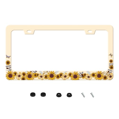Vintage Sunflower Pattern License Plate Frame Funny Stainless Steel Sunflower Floral License Plate Frames Auto Parts Decoration with Screws License Plate Holder for Men Women 12x6 in - color: Vintage Sunflower Pattern, size: one size