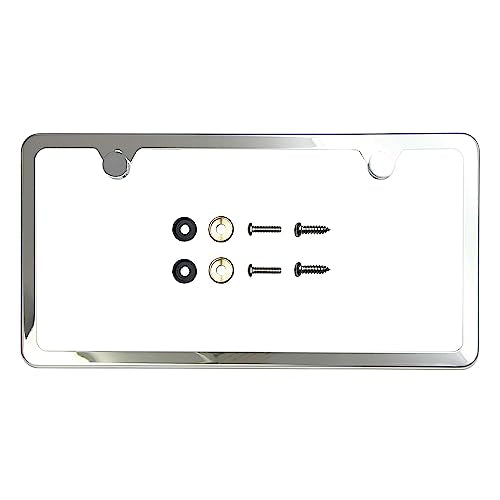 T304 Stainless Steel Polish Mirror Two Hole Slim License Plate Frame Holder Tag w/Chrome Metal Cap …