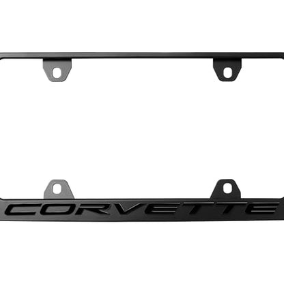 Corvette License Frame – Stealth Black Powder Coat UV Resistant Rust-Proof Steel Plate Holder - One Piece - Compatible with Chevrolet Corvette Chevy C5 C6 C7 C8 (3D RAISED LETTERS w/ MOUNT HARDWARE)