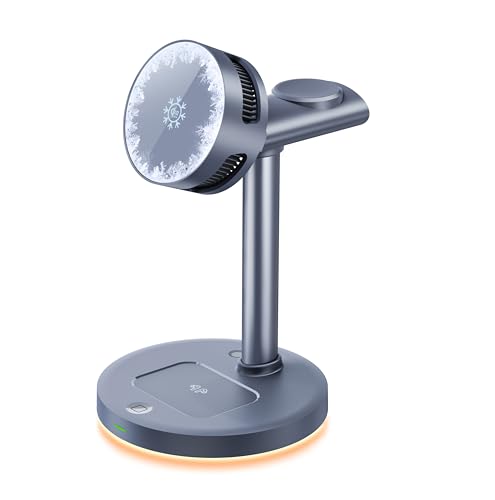 Qi2.2 Certified 25W Semiconductor Cooler Wireless Charger, 3 in 1 Charging Station with ice Block Silent Cooling Fan, Compatible with iPhone 17/16/15/14/13/12, Apple Watch, AirPods (Gray) - color: gray