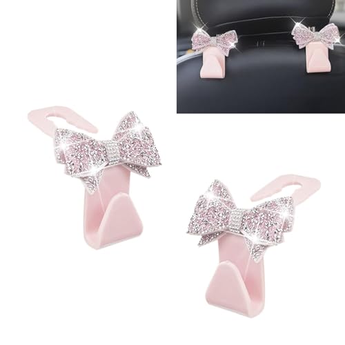 2PCS Bling Car Headrest Hook, Crystal Rhinestone Cute Bow Vehicle Seat Back Hook, PVC Multi-Functional Hook for Handbags Shopping Bags Wallet, Universal for Most Vehicles (Pink) - color: Pink
