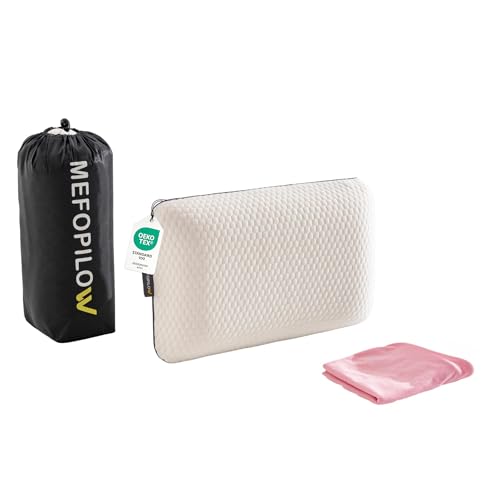 Memory Foam Travel Pillow with Washable Cover & Carry Bag – Compact, Soft & Breathable Neck Pillow for Airplane, Camping & Car (White- with Extra Pink Cotton Cover, 15.7x9.8x3.9 inches) - color: White- With Extra Pink Cotton Cover, size: 15.7x9.8x3.9 inch