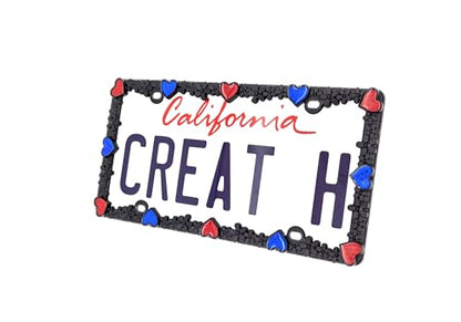 Creathome 3D Daisy Heart License Plate Frame from Pure Zinc Alloy Metal Perfect Plate Holder, Matt Black Daisy with Red and Blue Reflective Heart - color: Matt Black with Blue and Red Reflective Heart