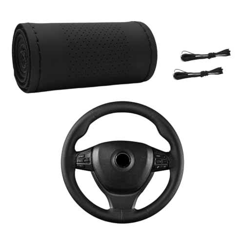 Wevdn Genuine Leather Steering Wheel Cover, Stitch on Wrap, DIY Sewing Steering Wheel Protector, 15 Inch Breathable Non-Slip Steering Wheel Protector, Car Accessories (Black, Middle Hole) - color: Black, size: Middle Hole