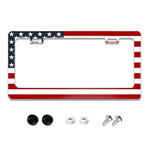 Patriotic American Flag License Plate Frame Stainless Steels Red White Blue Car Tag Holder Frames with 2 Holes and Screws 12 x 6 Inch Decoration for US Vehicles Standard for Women Men - color: Patriotic American Flag