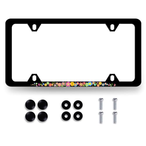 Hippie Flowers License Plate Frame Colorful Floral License Plate Holder for Front and Rear Car Tags Stainless Steel Funny License Plate Car Decoration with Screws 12.2" x 6.2" - color: Colorful Hippie Flowers