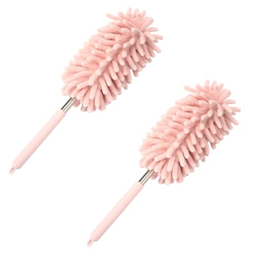 2PCS Car Interior Duster with Extension Pole – Washable Microfiber Dusters Detailing Brushes with Bendable Head, Long Handle Cleaning Duster Tool for Car Dash, Vents, Window, Furniture, Office (Pink) - color: Pink