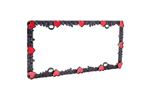 Creathome 3D Daisy Heart License Plate Frame from Pure Zinc Alloy Metal Perfect Plate Holder, Matt Black Daisy with Red Reflective Heart - color: Matt Black with Red Reflective Heart