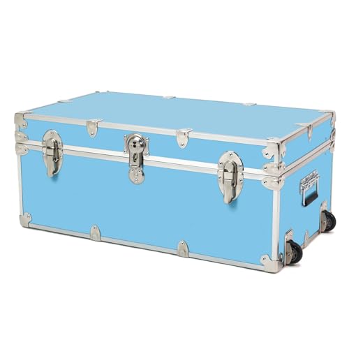 Rhino Trunk & Case Large Essential Trunk With Wheels 32”x18”x14”, 1000+ lbs Capacity - Many Colors. Strong, USA Made Summer Camp Footlocker, and Secure College Dorm Storage Chest - color: Sky Blue