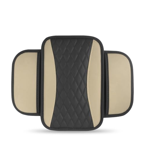 Car Center Console Cover, Upgraded Patchwork Leather Arm Rest Cover with Side Storage Pockets, Comfortable Auto Armrest Protector Cushion, Universal Middle Console Pad for SUV, Sedan (Beige) - color: beige