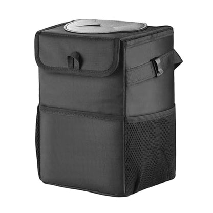 Car Trash Can with Lid and Storage Pockets - 100% Leak-Proof Organizer, Multipurpose Trash Bin for Car, Black