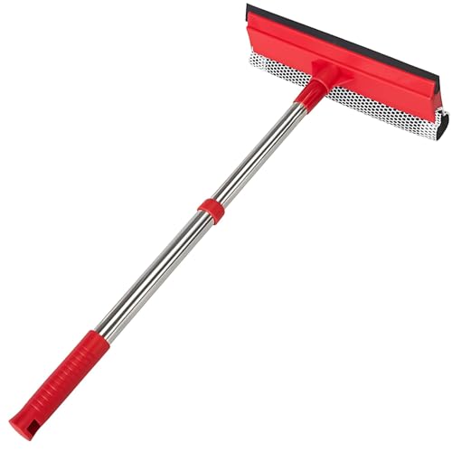 Window Squeegee with 15.7"-27.5" Retractable Stainless Steel Handle, 2-in-1 Windshield Cleaner Tool for Cars, Trucks, Glass Doors, Shower Glass, Outdoor Windows – Window Cleaner (Red)