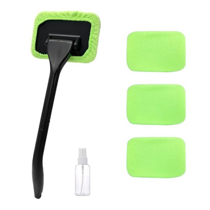 povtii Car Windshield Cleaning Tool, Microfiber Auto Window Cleaner Set with 4 Washable and Reusable Cloth Pad, Long Handle Glass Wiper Cleaning Kit with Spray Bottle, Car Accessories