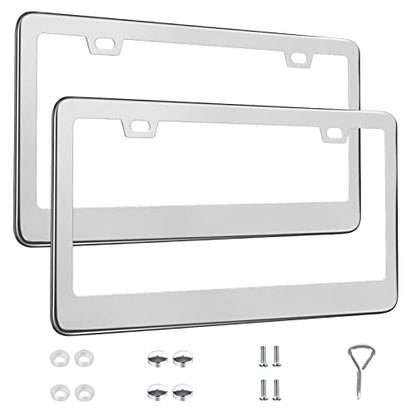 QUANQIUFEI 2 Pack License Plate Frames, Stainless Steel Car License Plate Cover Car Accessories with Screw Caps (Silver) - color: Silver