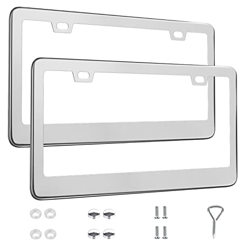 QUANQIUFEI 2 Pack License Plate Frames, Stainless Steel Car License Plate Cover Car Accessories with Screw Caps (Silver) - color: Silver