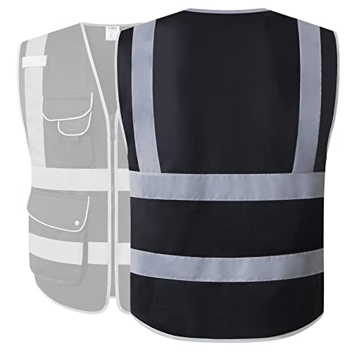 JKSafety 9 Pockets High Visibility Black Safety Vest for Men and Women, Hi-Vis Reflective Safety Vests with Zipper Front, Meet ANSI/ISEA Class 1 Standards (150-Black, Medium) - color: Black, size: Medium