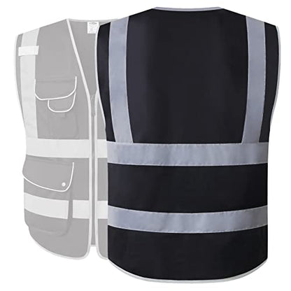 JKSafety 9 Pockets High Visibility Black Safety Vest for Men and Women, Hi-Vis Reflective Safety Vests with Zipper Front, Meet ANSI/ISEA Class 1 Standards (150-Black, Medium) - color: Black, size: Medium