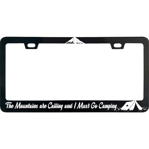 Mountains are Calling I Must Go Camping License Plate Frame, 12 X 6 Inch Black Stainless Steel Car Accessories for Women/Men, with 2 Holes & Screws - color: Mountains are Calling I Must Go Camping