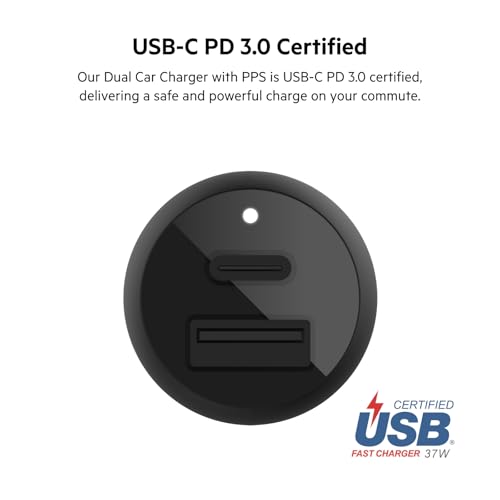 Belkin 37-Watt Dual USB Car Charger - Power Delivery 25W USB-C Port & 12W USB-A Port for PPS Charging Apple iPhone, Samsung Galaxy, AirPods, & More - style: Dual USB-A & C 37W