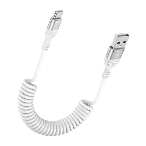 USB C iPhone 17 Pro Coiled Car Charger Cord i Phone 17 Pro Max Fast Charging Cable for iPhone Air/17/16e/16Plus/16 Pro Max/16/16Pro/15, 4FT Retractable USB A to C Curly Cord Android Auto Carplay Cable - color: White