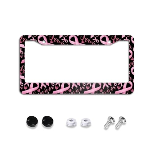Pink Ribbon Breast Cancer Awareness License Plate Frames Holder Cover, Decor Car Accessories Car Tag Frames Decoration Accessory Aluminum 2 Holes Screws Decorative for Women Girls Ladies 12x6 Inch - color: Pink Ribbon Breast