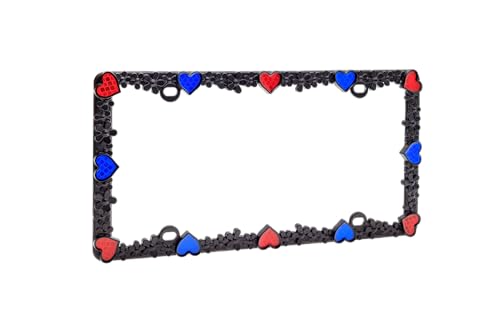 Creathome 3D Daisy Heart License Plate Frame from Pure Zinc Alloy Metal Perfect Plate Holder, Matt Black Daisy with Red and Blue Reflective Heart - color: Matt Black with Blue and Red Reflective Heart