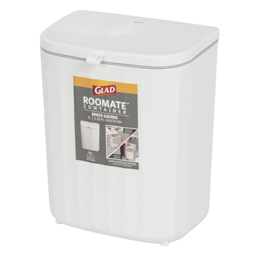 Glad Roomate Under Counter Waste Bin | Space Saving Small Trash Can for Kitchen Cabinet, Bathroom or Office | Dual Lid for Ease of Opening, 9 Liter, White - size: 9l