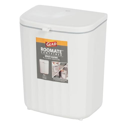 Glad Roomate Under Counter Waste Bin | Space Saving Small Trash Can for Kitchen Cabinet, Bathroom or Office | Dual Lid for Ease of Opening, 9 Liter, White - size: 9l