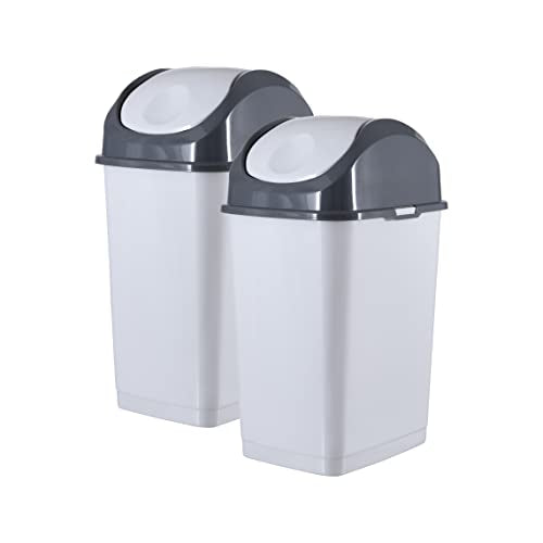 Superio Small 2.5 Gallon Plastic Trash Can with Swing Top Lid, Compact Slim Waste Bin for Under Desk, Office, Bedroom, Bathroom, Dorm Room, 10 Qt. Portable Garbage Can (SmokeWhite/Grey, 2 Pack) - size: 2.5 Gallon, style: 2 Pack