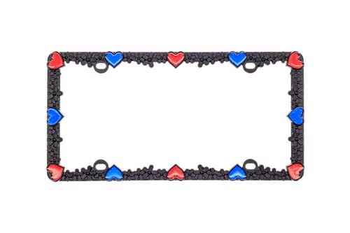 Creathome 3D Daisy Heart License Plate Frame from Pure Zinc Alloy Metal Perfect Plate Holder, Matt Black Daisy with Red and Blue Reflective Heart - color: Matt Black with Blue and Red Reflective Heart