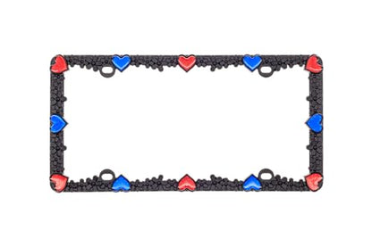 Creathome 3D Daisy Heart License Plate Frame from Pure Zinc Alloy Metal Perfect Plate Holder, Matt Black Daisy with Red and Blue Reflective Heart - color: Matt Black with Blue and Red Reflective Heart