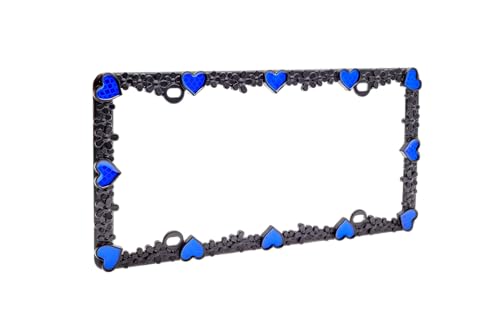 Creathome 3D Daisy Heart License Plate Frame from Pure Zinc Alloy Metal Perfect Plate Holder, Matt Black Daisy with Blue Reflective Heart - color: Matt Black with Blue Reflective Heart