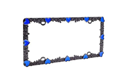 Creathome 3D Daisy Heart License Plate Frame from Pure Zinc Alloy Metal Perfect Plate Holder, Matt Black Daisy with Blue Reflective Heart - color: Matt Black with Blue Reflective Heart