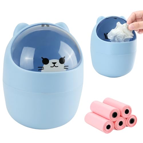 Mini Trash Can, Cute Small Trash Can with Lid, Desktop Paper Bin with 5 Rolls of Bin Liners, Portable Tabletop Dustbin, Cartoon Animal Rubbish Storage for Kitchen(Blue) - color: Blue