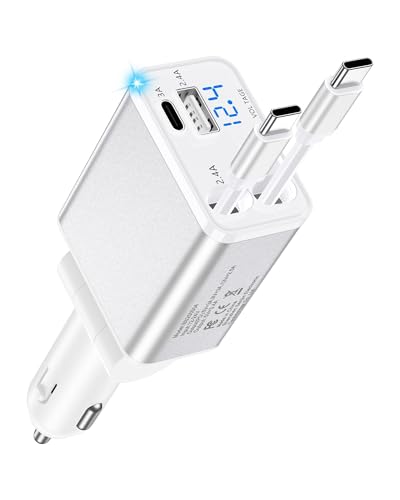 Retractable Car Phone Charger USB C, 4 in 1 Fast Car Charging Adapter with 2 Flexible USB C Cable for iPhone 17e 17 Samsung S26 Android, USBC Cigarette Lighter Gift for Men Android Auto Adapter - color: Reatractable Car Charger-White