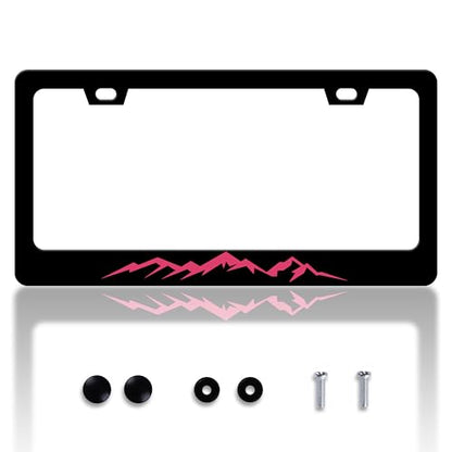 Pink Mountain License Plate Frame Mountains License Plate Holder Personalise Stainless Steel Funny Design Compatible with Standard License Plate Frames for USA and Canada 6 X 12 Inch with Screws - color: Pink Mountain