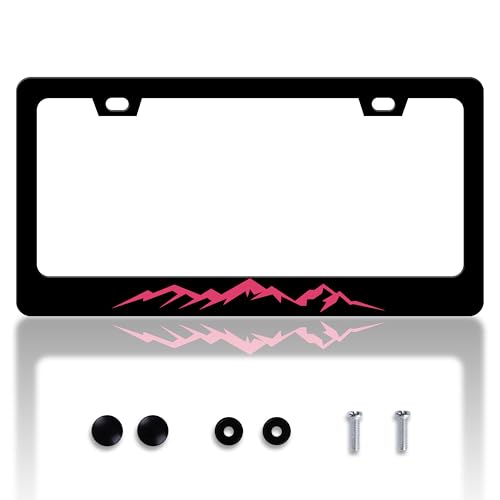 Pink Mountain License Plate Frame Mountains License Plate Holder Personalise Stainless Steel Funny Design Compatible with Standard License Plate Frames for USA and Canada 6 X 12 Inch with Screws - color: Pink Mountain